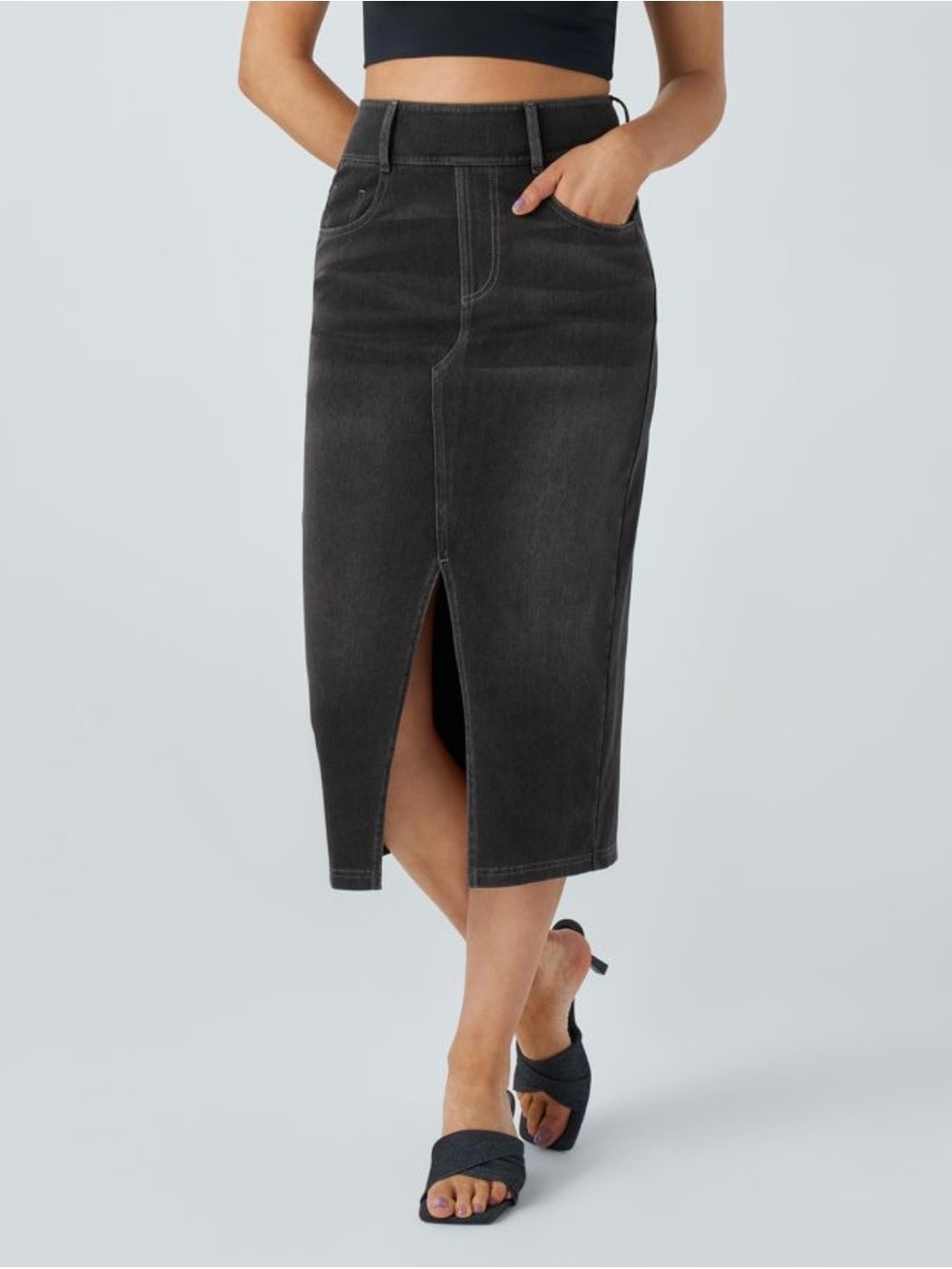HALARA Washed Black Denim Midi Skirt with Front Slit